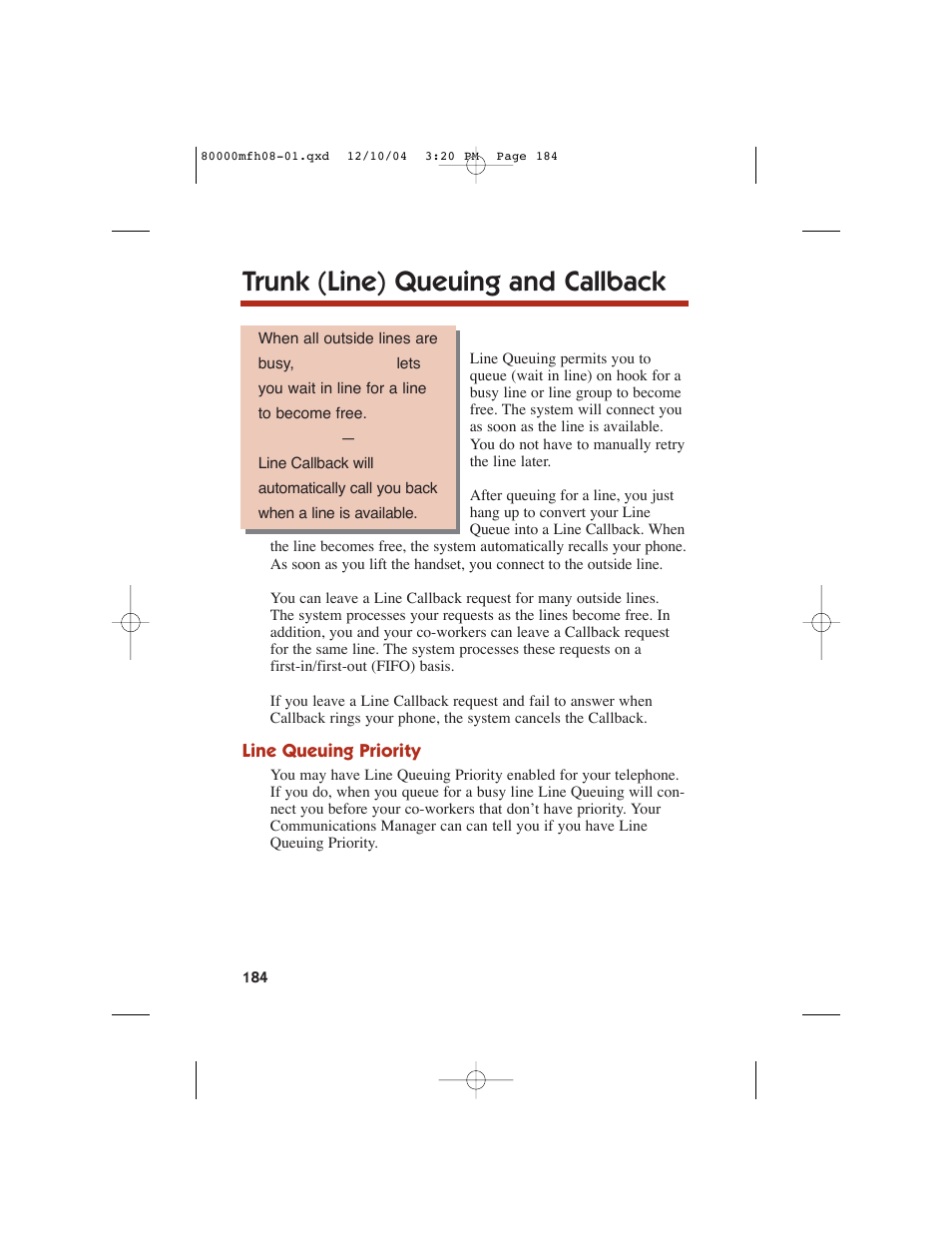 Trunk (line) queuing and callback | NEC DS1000 User Manual | Page 192 / 216