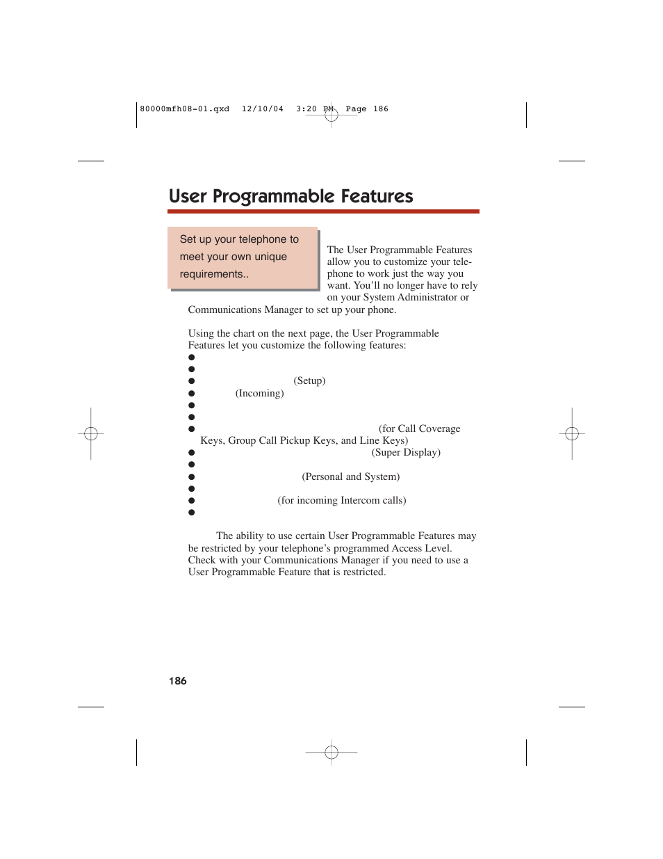 User programmable features | NEC DS1000 User Manual | Page 194 / 216