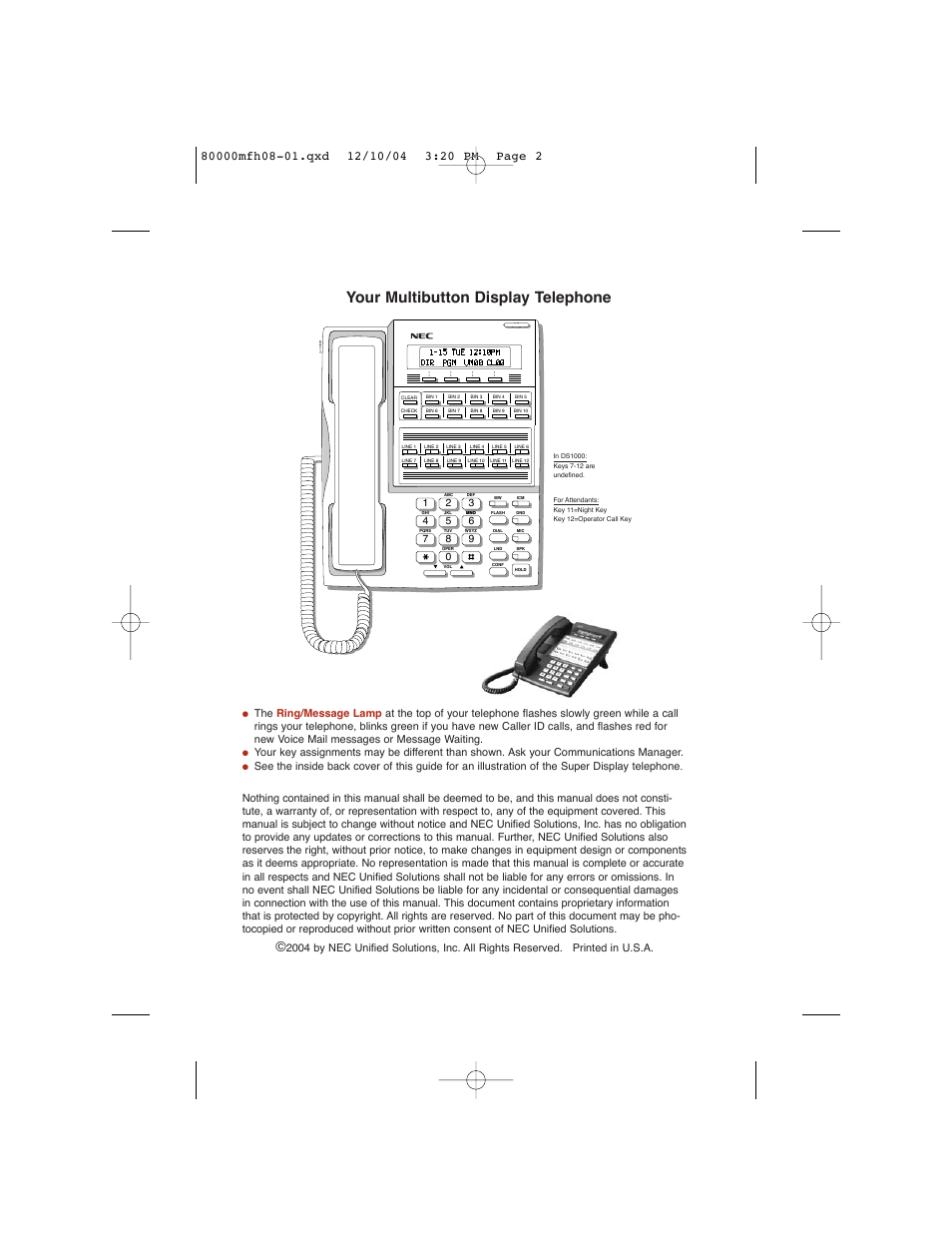 Your multibutton display telephone | NEC DS1000 User Manual | Page 2 / 216