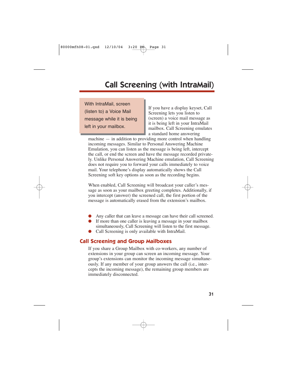 Call screening (with intramail) | NEC DS1000 User Manual | Page 39 / 216
