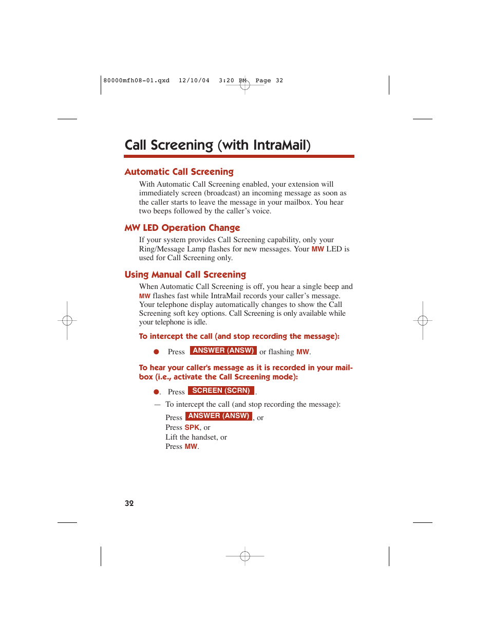 Call screening (with intramail) | NEC DS1000 User Manual | Page 40 / 216