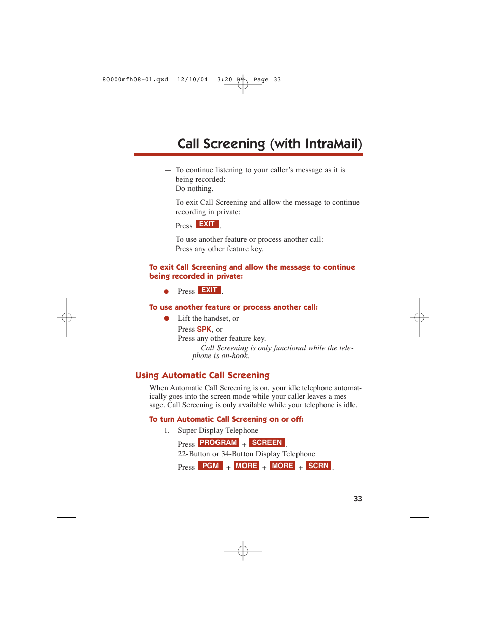 Call screening (with intramail) | NEC DS1000 User Manual | Page 41 / 216