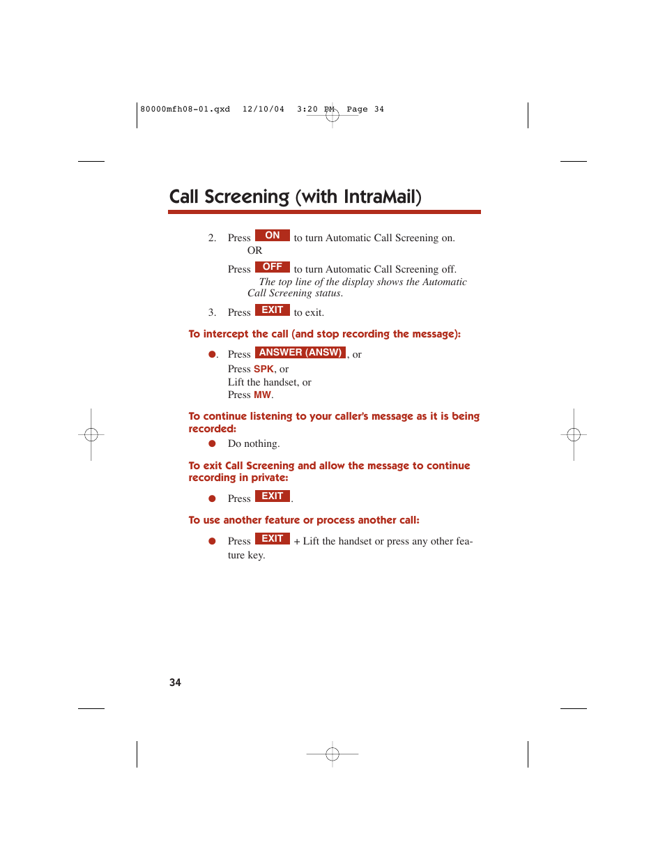 Call screening (with intramail) | NEC DS1000 User Manual | Page 42 / 216