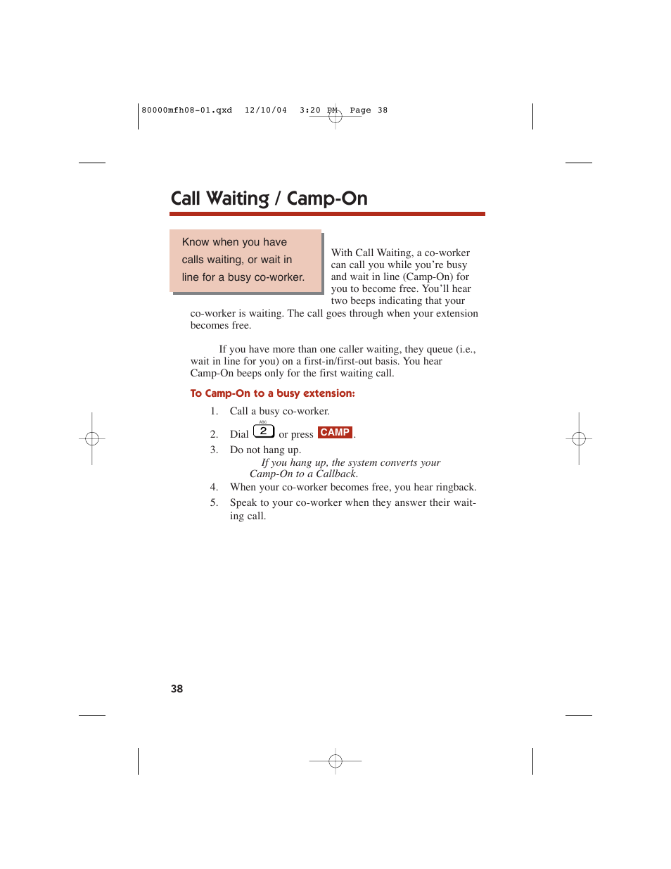 Call waiting / camp-on | NEC DS1000 User Manual | Page 46 / 216