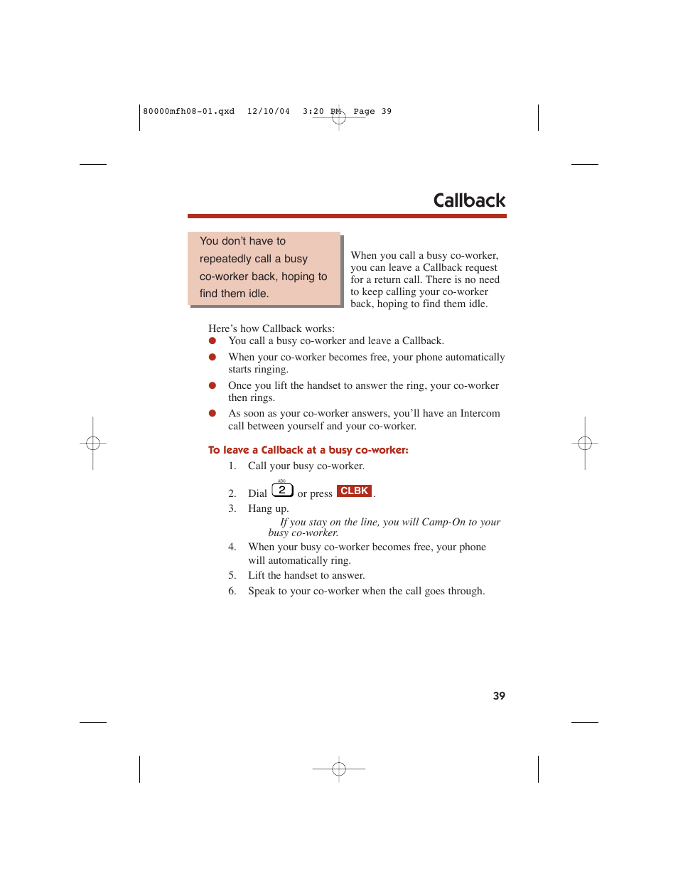 Callback | NEC DS1000 User Manual | Page 47 / 216