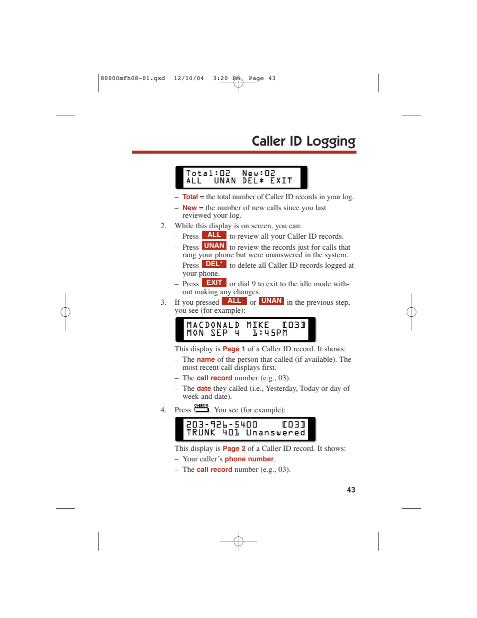 Caller id logging | NEC DS1000 User Manual | Page 51 / 216