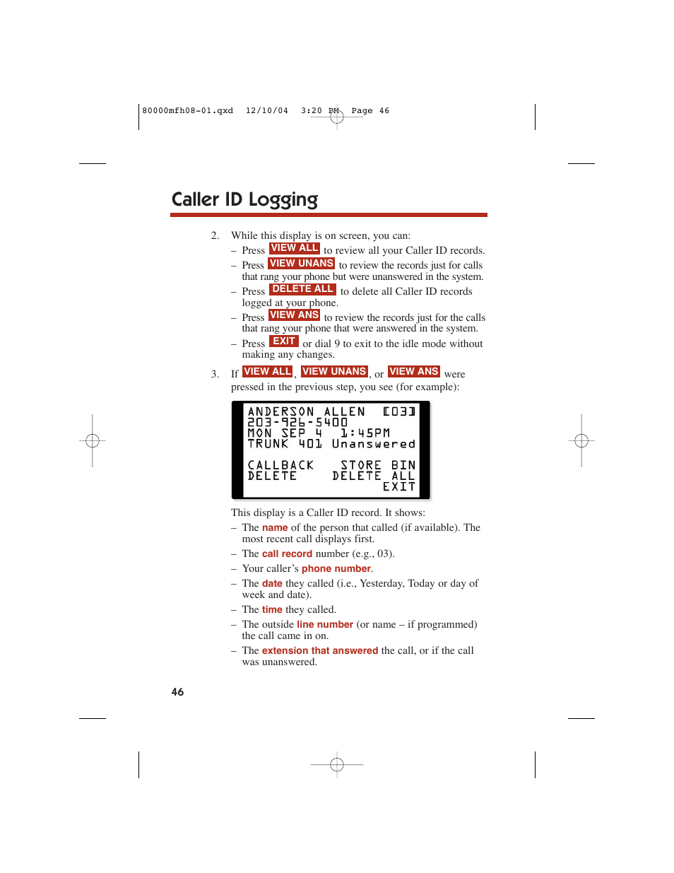 Caller id logging | NEC DS1000 User Manual | Page 54 / 216