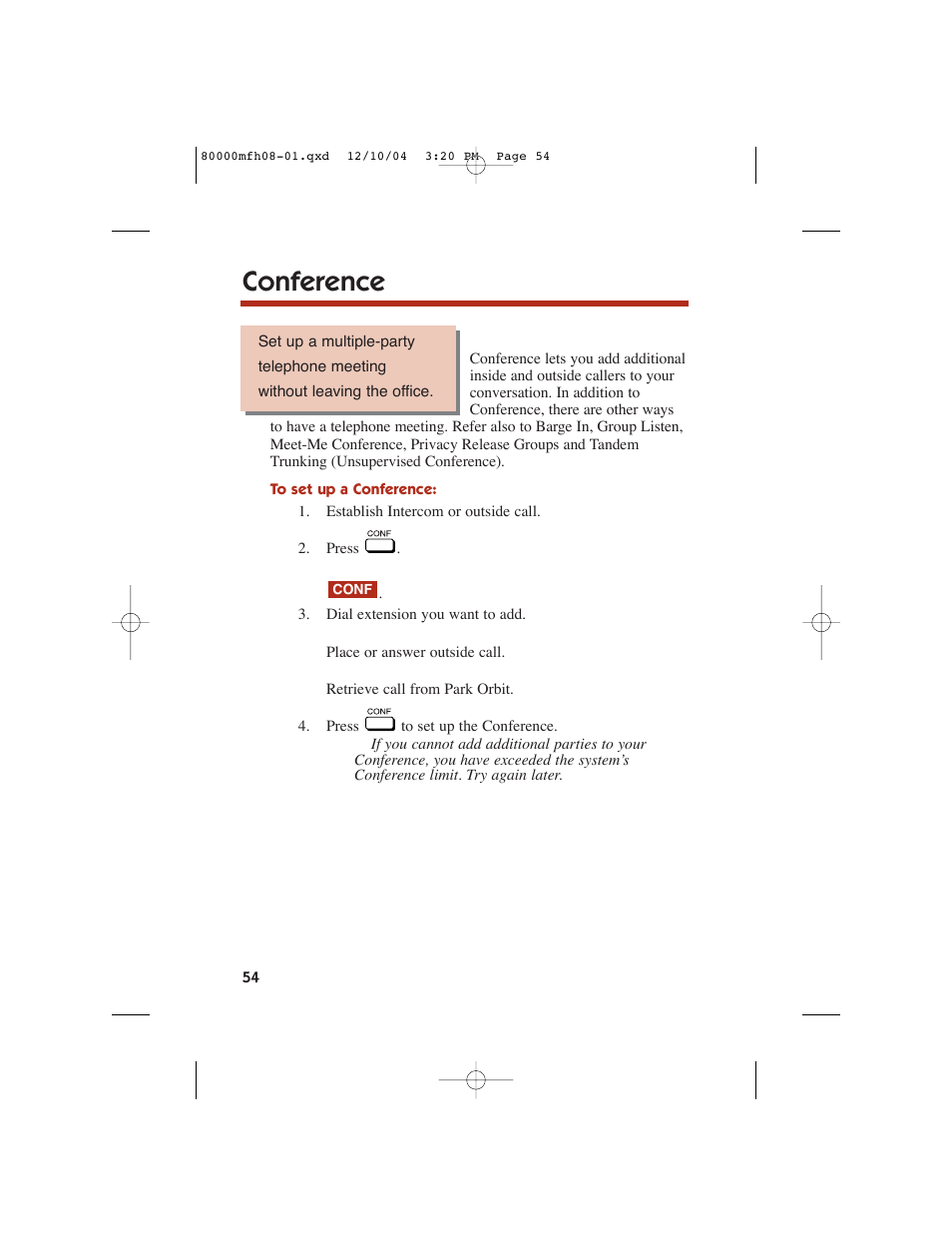 Conference | NEC DS1000 User Manual | Page 62 / 216