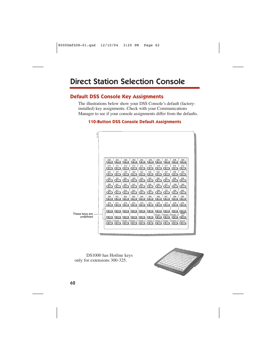 Direct station selection console, Default dss console key assignments | NEC DS1000 User Manual | Page 70 / 216
