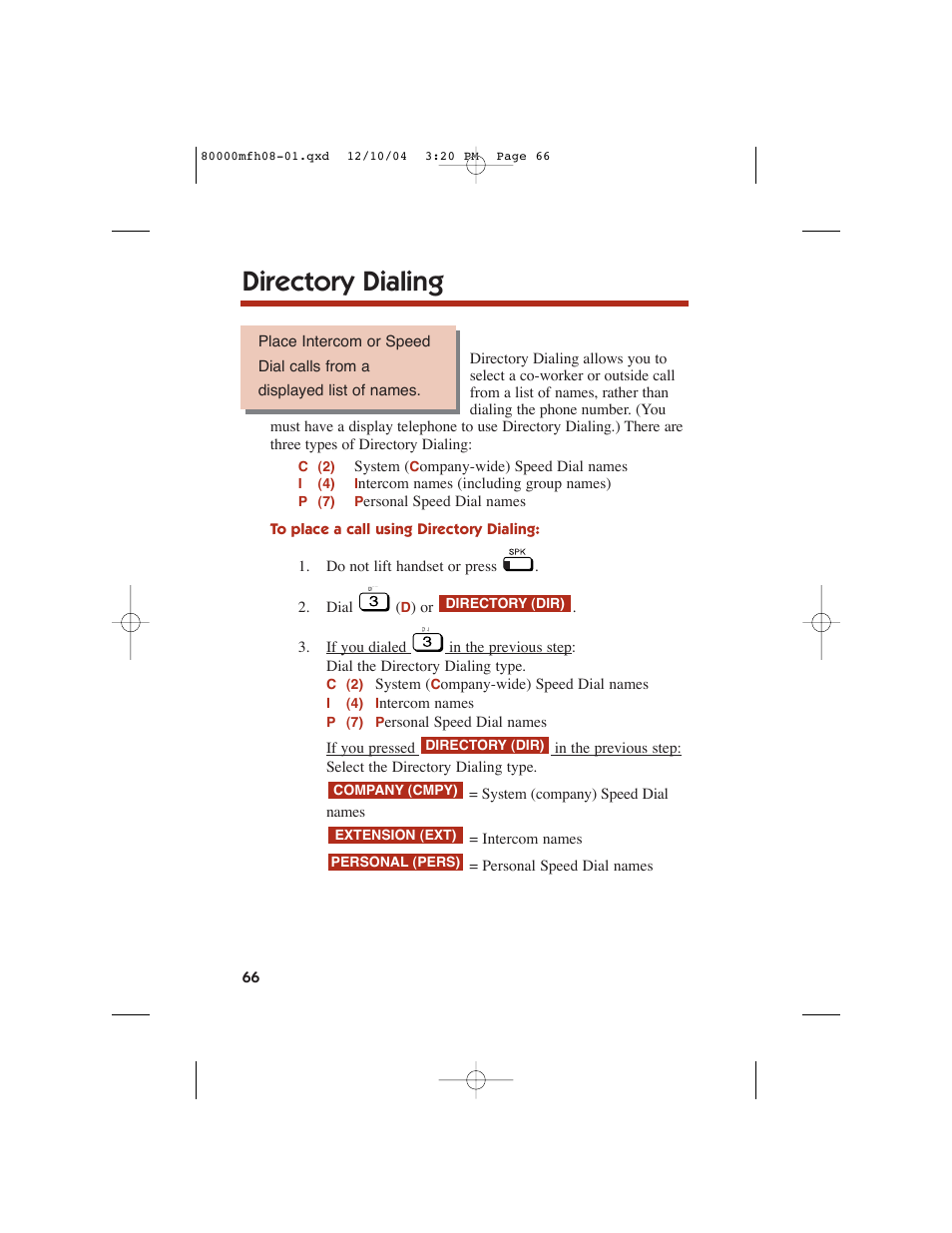 Directory dialing | NEC DS1000 User Manual | Page 74 / 216