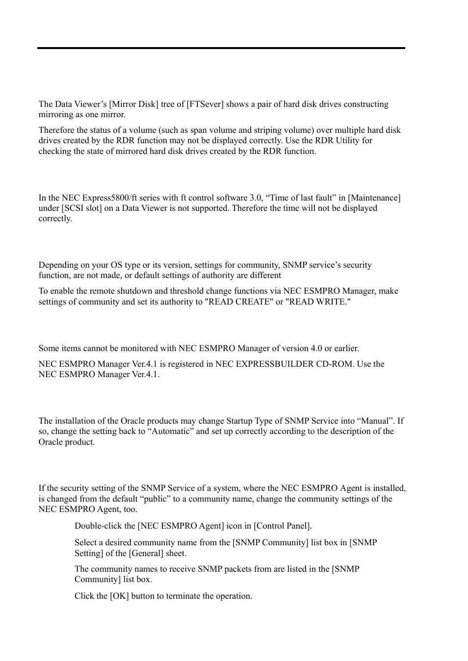 Fault time of scsi slots, Community authority, Coexistence with the oracle products | Change of snmp community | NEC Express 5800/320Lc User Manual | Page 185 / 357