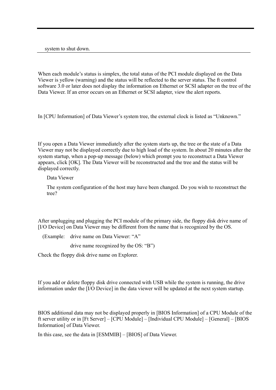 Total status of the pci module, Cpu information, Floppy disk drive name | Floppy disk drive information, Displayed bios data is incorrect | NEC Express 5800/320Lc User Manual | Page 188 / 357