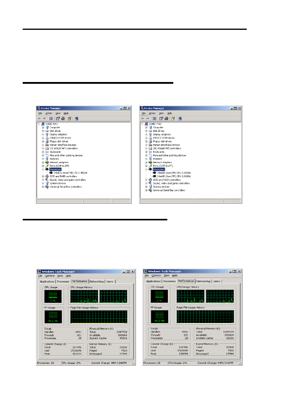 How the operating system sees the cpu modules, How cpu modules appear on device manager, How cpu modules appear on task manager | NEC Express 5800/320Lc User Manual | Page 40 / 357