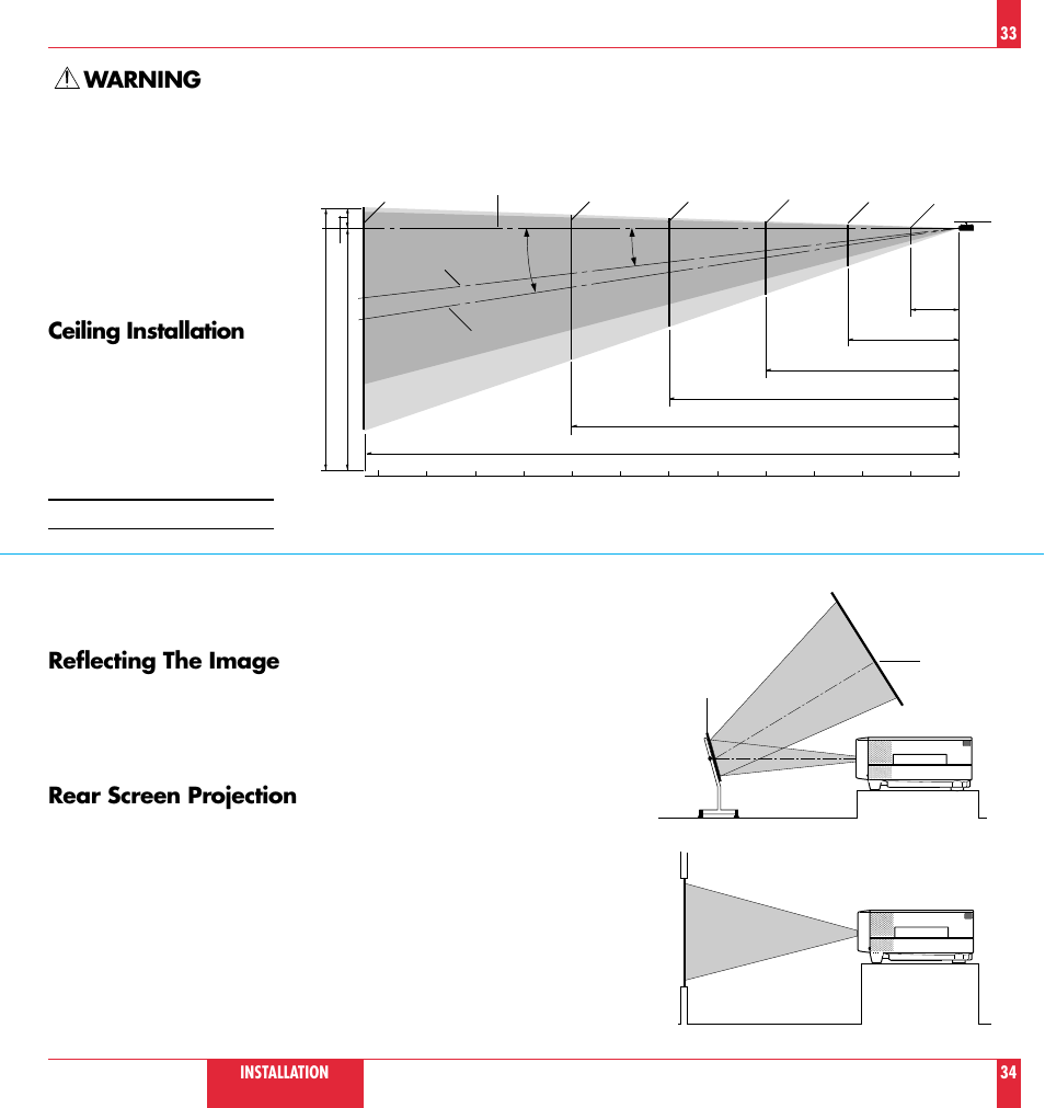 Reflecting the image, Rear screen projection, Warning | Ceiling installation, Installation 34 | NEC MT 820 User Manual | Page 18 / 44