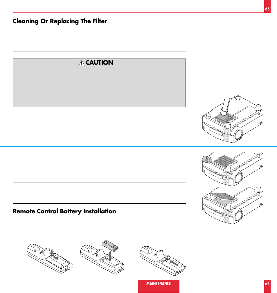 Cleaning or replacing the filter, Caution, Remote control battery installation | NEC MT 820 User Manual | Page 33 / 44