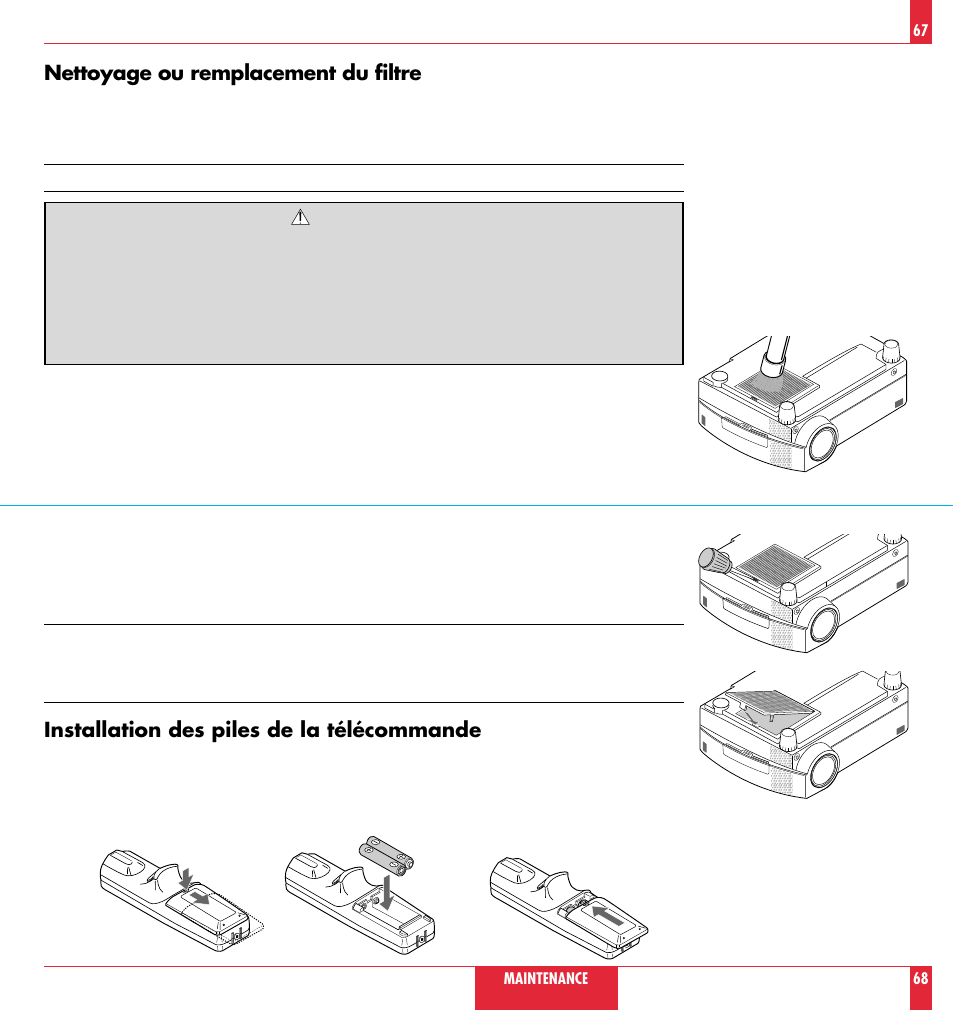 Nettoyage ou remplacement du filtre, Installation des piles de la télécommande | NEC MT 820 User Manual | Page 35 / 44