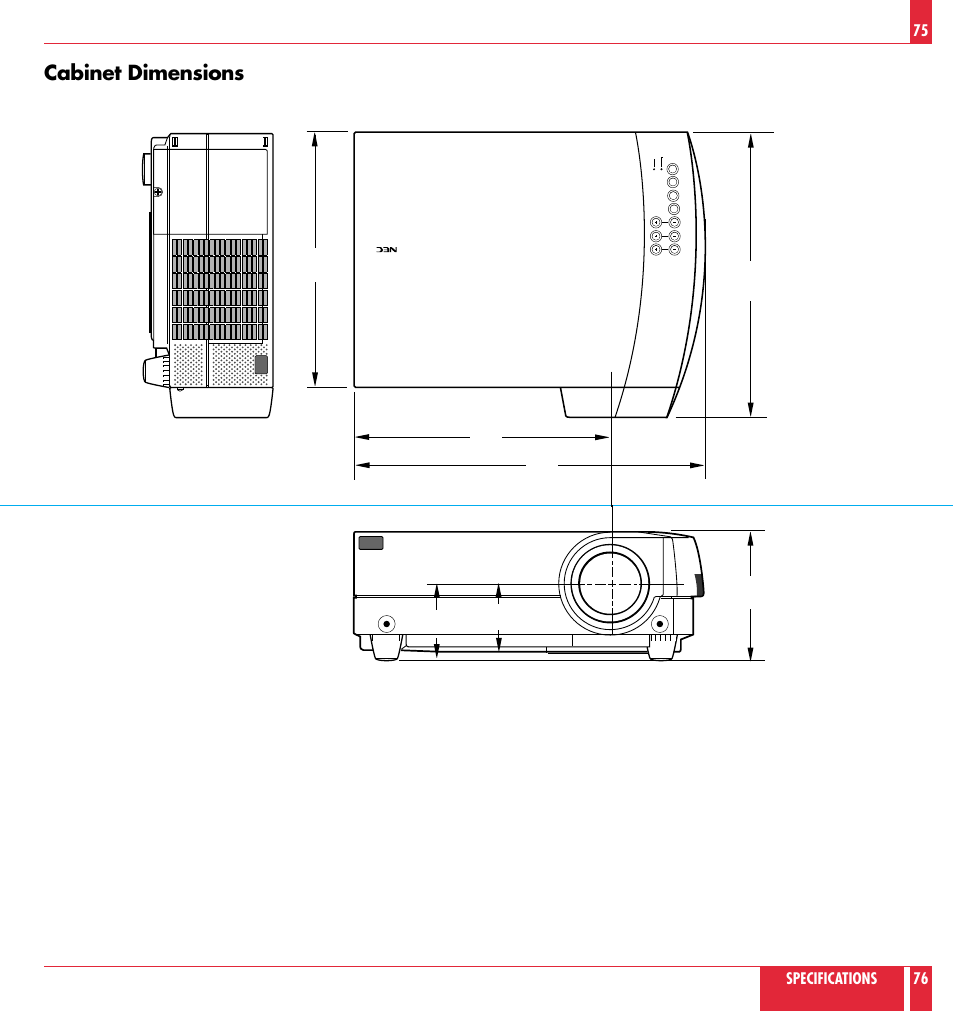 Cabinet dimensions, Specifications 75 76, Unit : inch (mm) | NEC MT 820 User Manual | Page 39 / 44