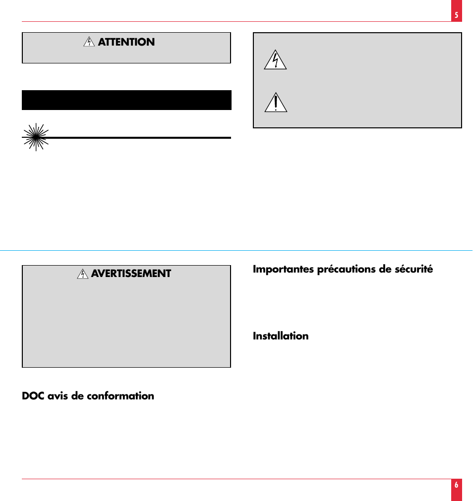 Importantes précautions de sécurité, Installation, Attention | Avertissement, Doc avis de conformation | NEC MT 820 User Manual | Page 4 / 44