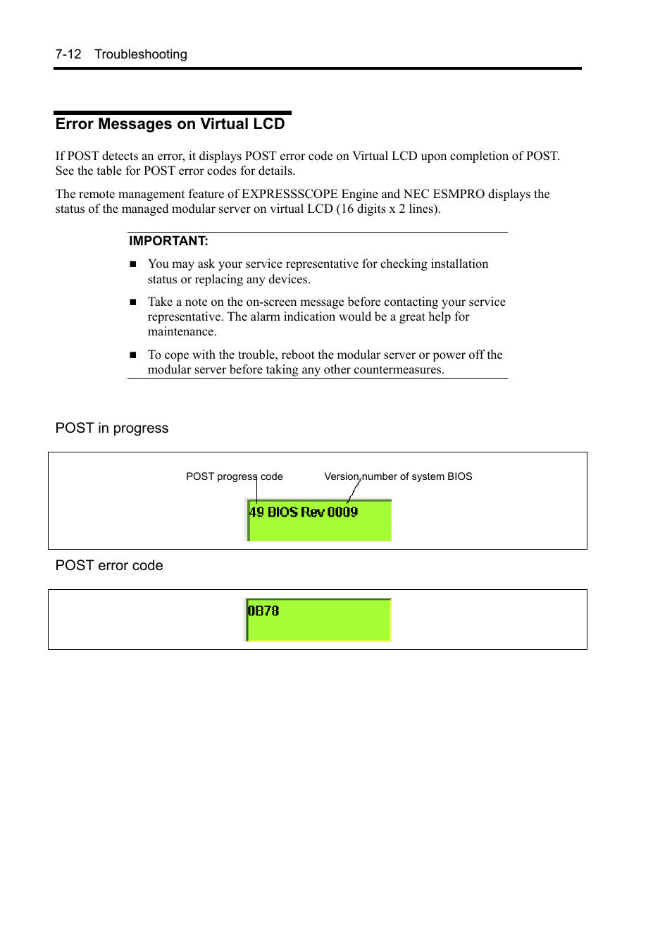 Error messages on virtual lcd | NEC EXPRESS5800/100 SERIES N8100-1635F User Manual | Page 102 / 152