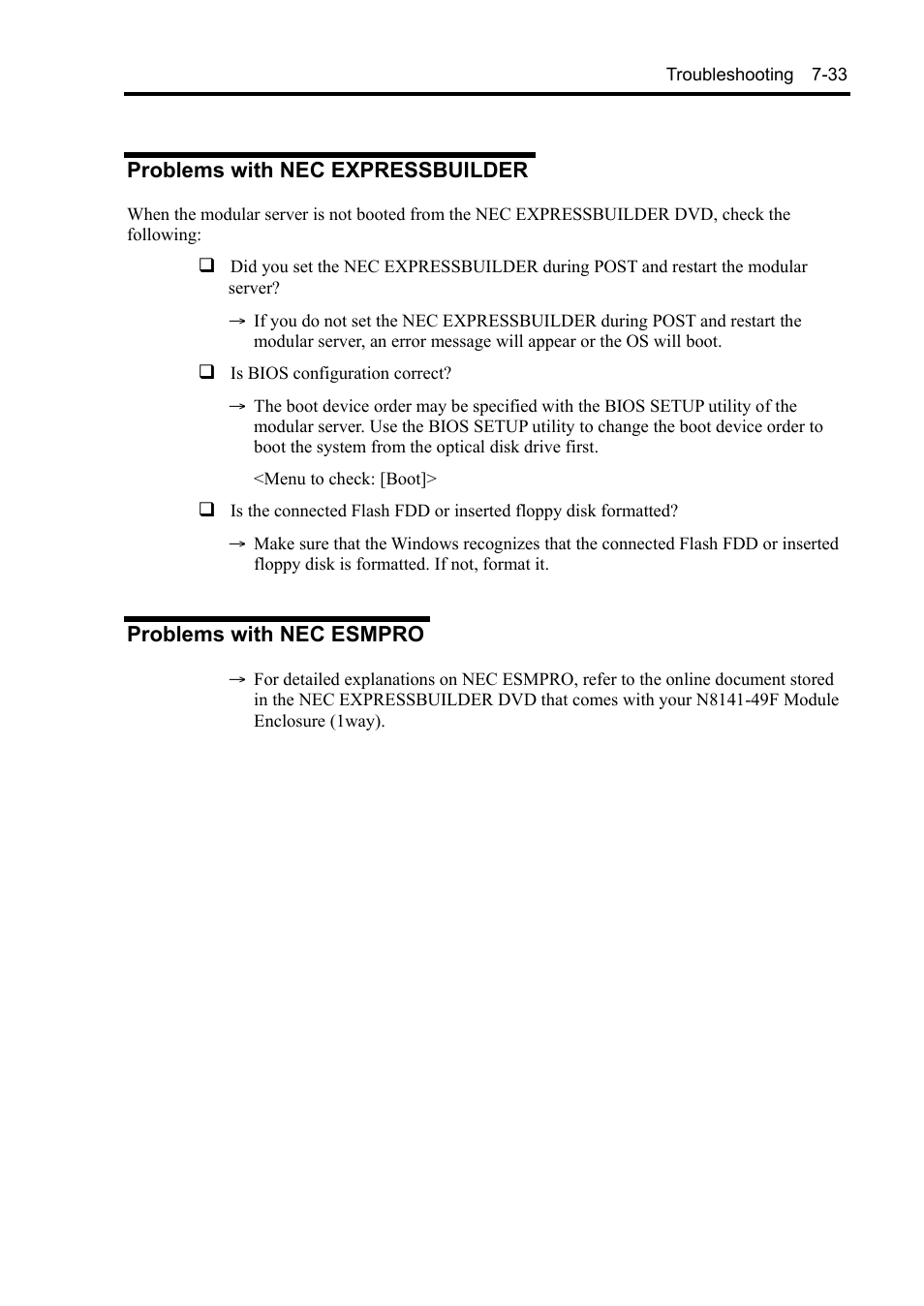 Problems with nec expressbuilder, Problems with nec esmpro | NEC EXPRESS5800/100 SERIES N8100-1635F User Manual | Page 123 / 152