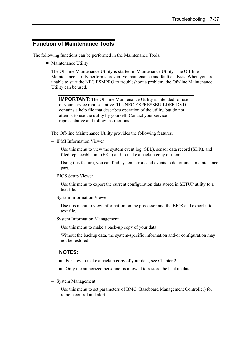 Function of maintenance tools | NEC EXPRESS5800/100 SERIES N8100-1635F User Manual | Page 127 / 152