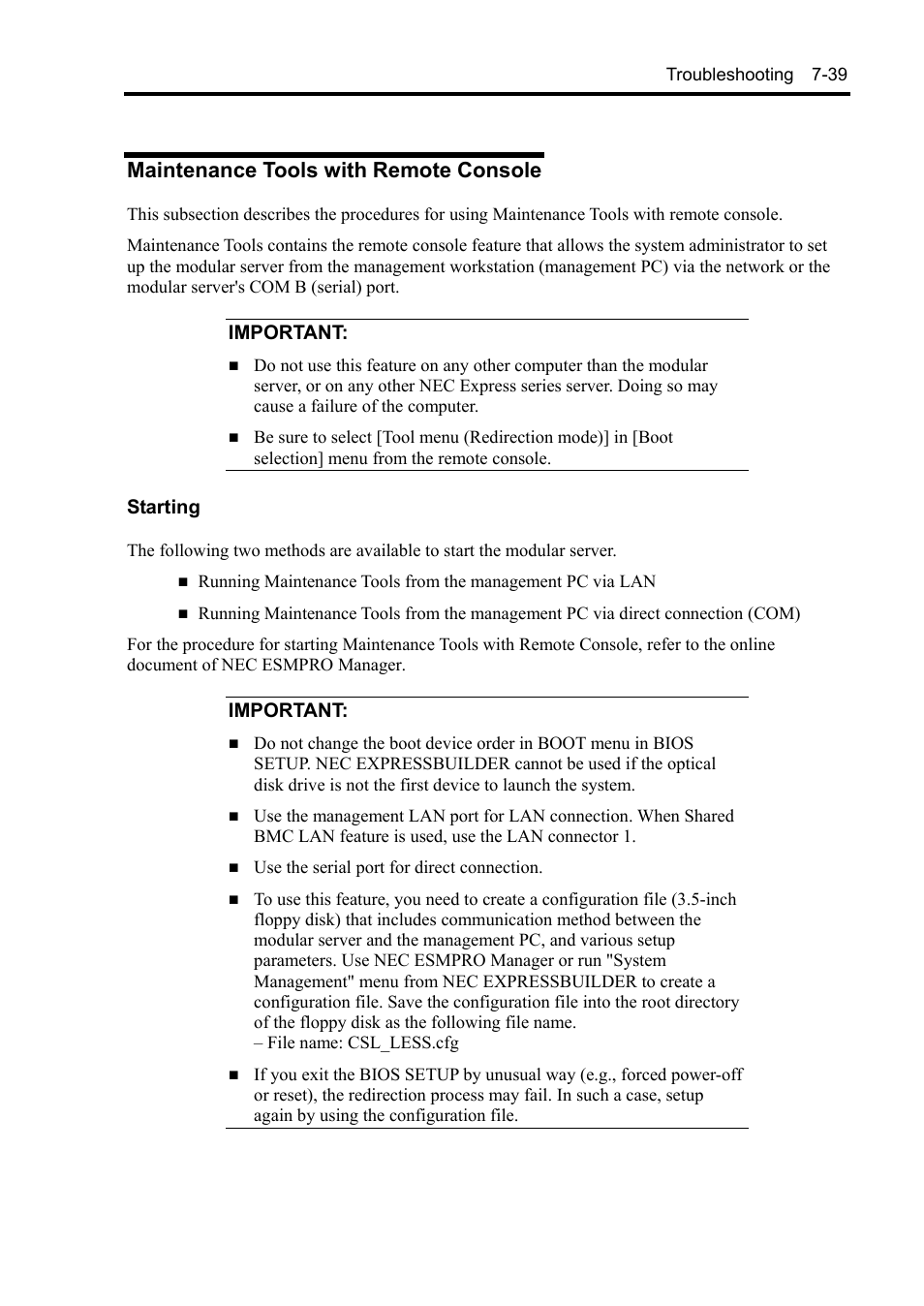 Maintenance tools with remote console, Important, Starting | NEC EXPRESS5800/100 SERIES N8100-1635F User Manual | Page 129 / 152