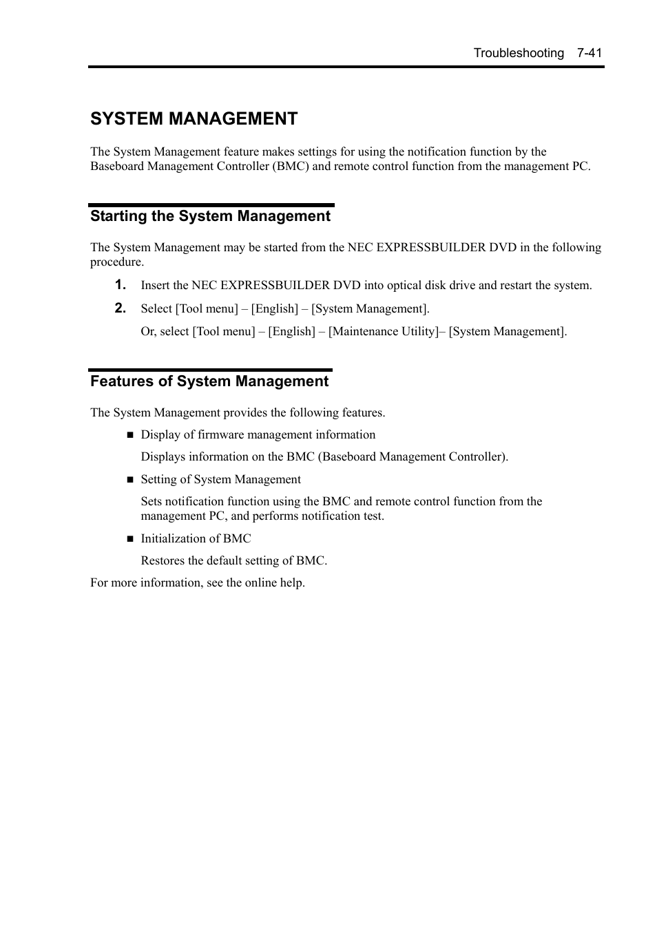 System management, Starting the system management, Features of system management | NEC EXPRESS5800/100 SERIES N8100-1635F User Manual | Page 131 / 152