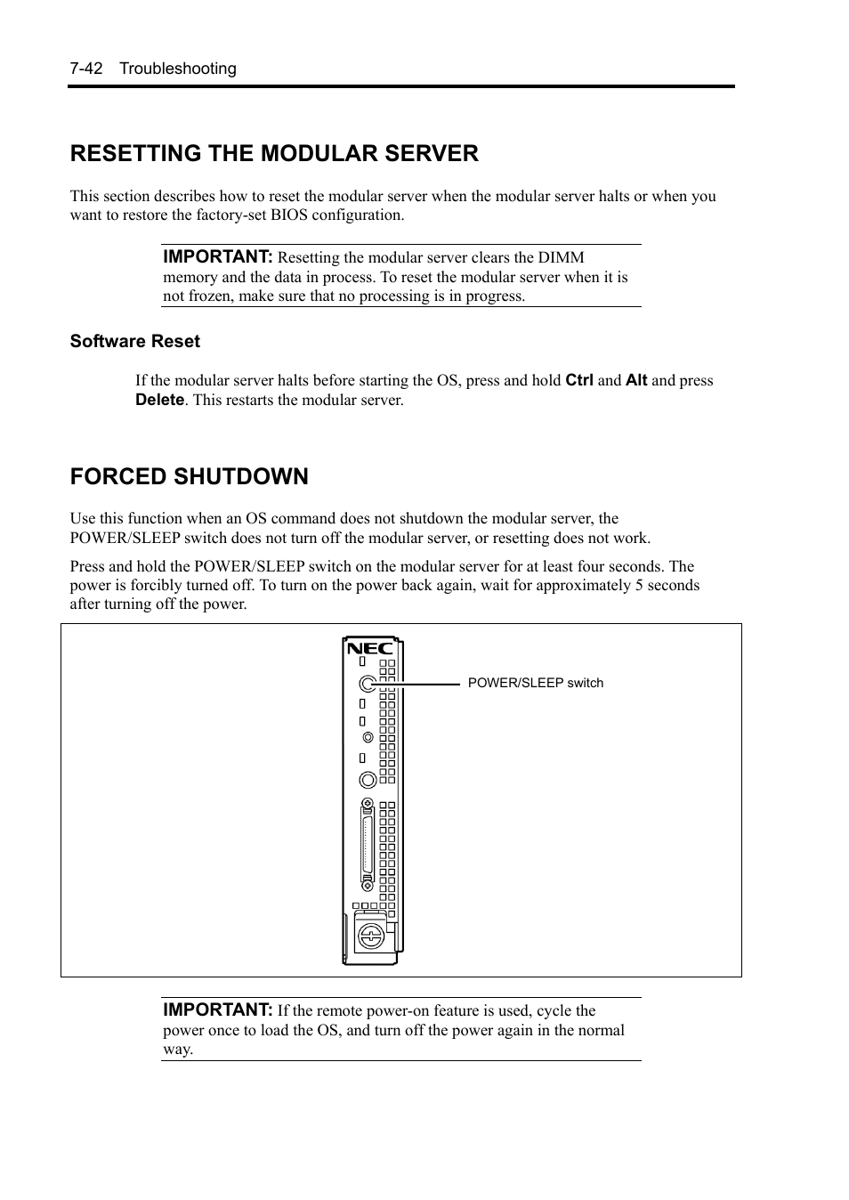 Resetting the modular server, Forced shutdown | NEC EXPRESS5800/100 SERIES N8100-1635F User Manual | Page 132 / 152