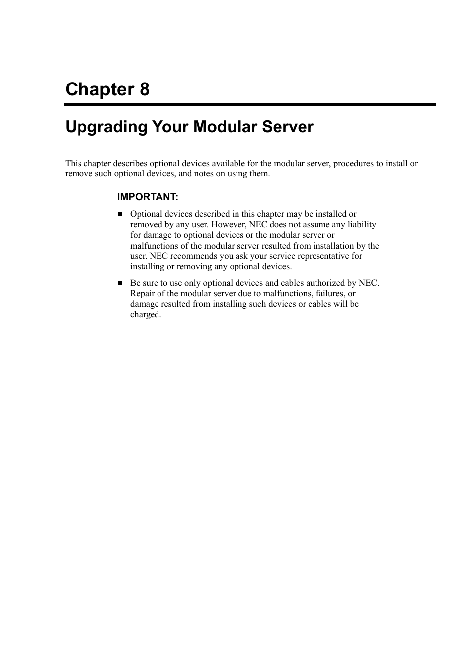 Upgrading your modular server, Chapter 8 | NEC EXPRESS5800/100 SERIES N8100-1635F User Manual | Page 135 / 152