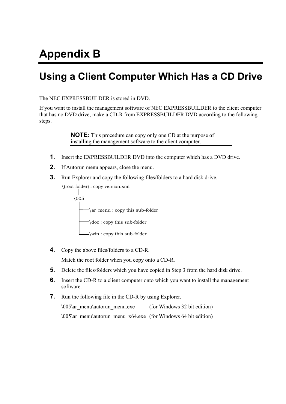 B. using a client computer which has a cd drive, Appendix b, Using a client computer which has a cd drive | NEC EXPRESS5800/100 SERIES N8100-1635F User Manual | Page 151 / 152