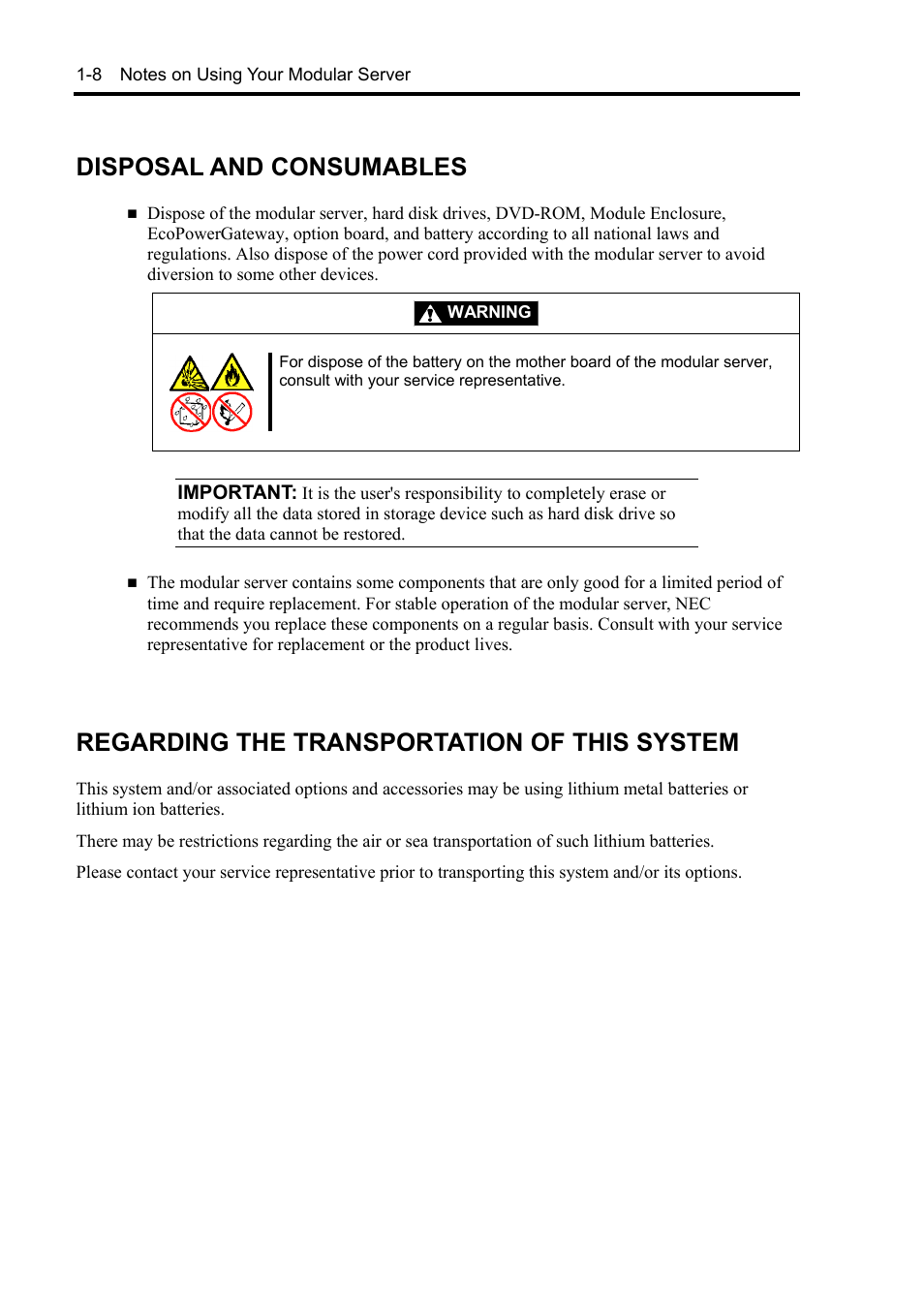 Disposal and consumables, Regarding the transportation of this system | NEC EXPRESS5800/100 SERIES N8100-1635F User Manual | Page 20 / 152