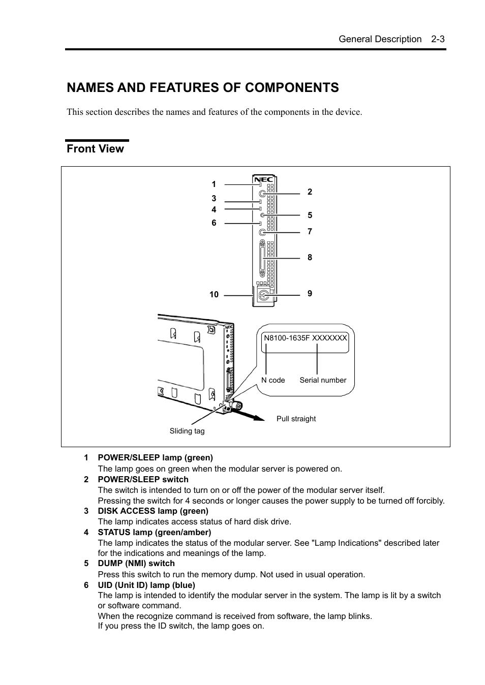 Names and features of components, Front view | NEC EXPRESS5800/100 SERIES N8100-1635F User Manual | Page 25 / 152