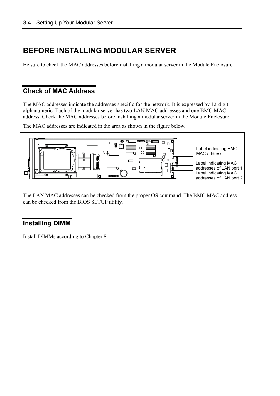 Before installing modular server, Check of mac address, Installing dimm | NEC EXPRESS5800/100 SERIES N8100-1635F User Manual | Page 38 / 152