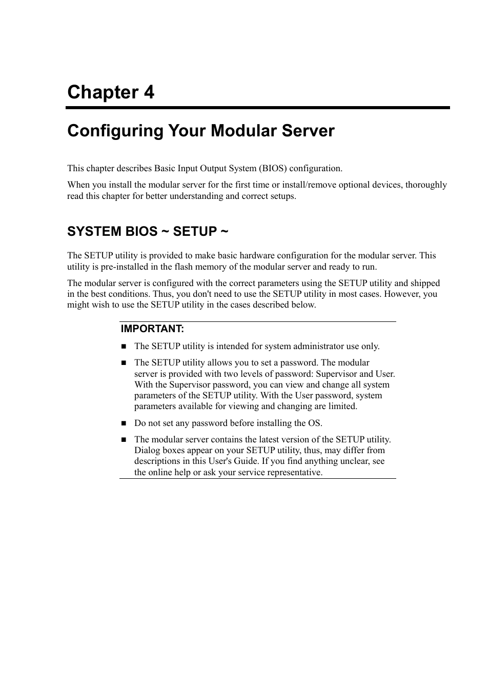 Configuring your modular server, System bios ~ setup, Chapter 4 | NEC EXPRESS5800/100 SERIES N8100-1635F User Manual | Page 53 / 152