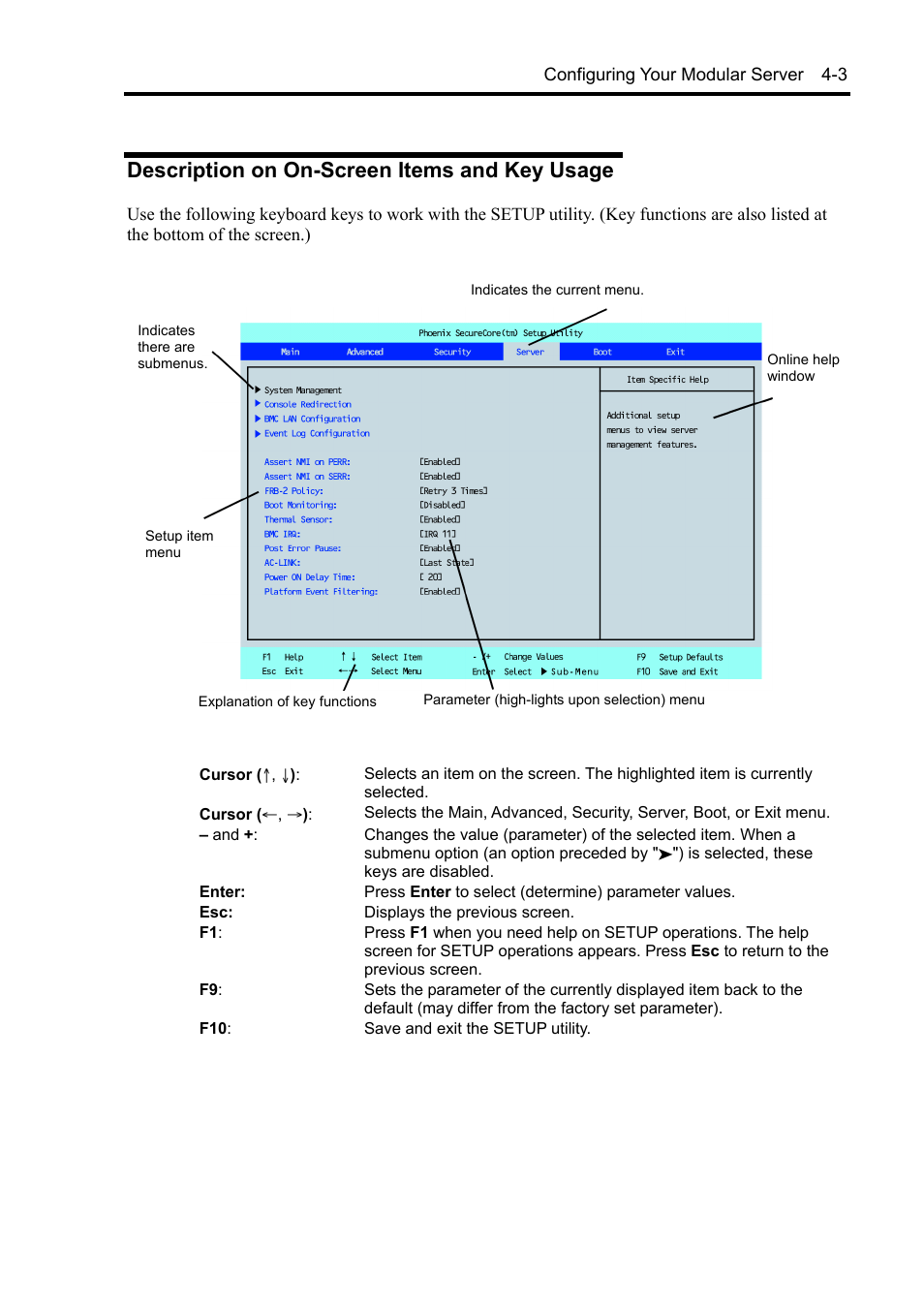Description on on-screen items and key usage | NEC EXPRESS5800/100 SERIES N8100-1635F User Manual | Page 55 / 152