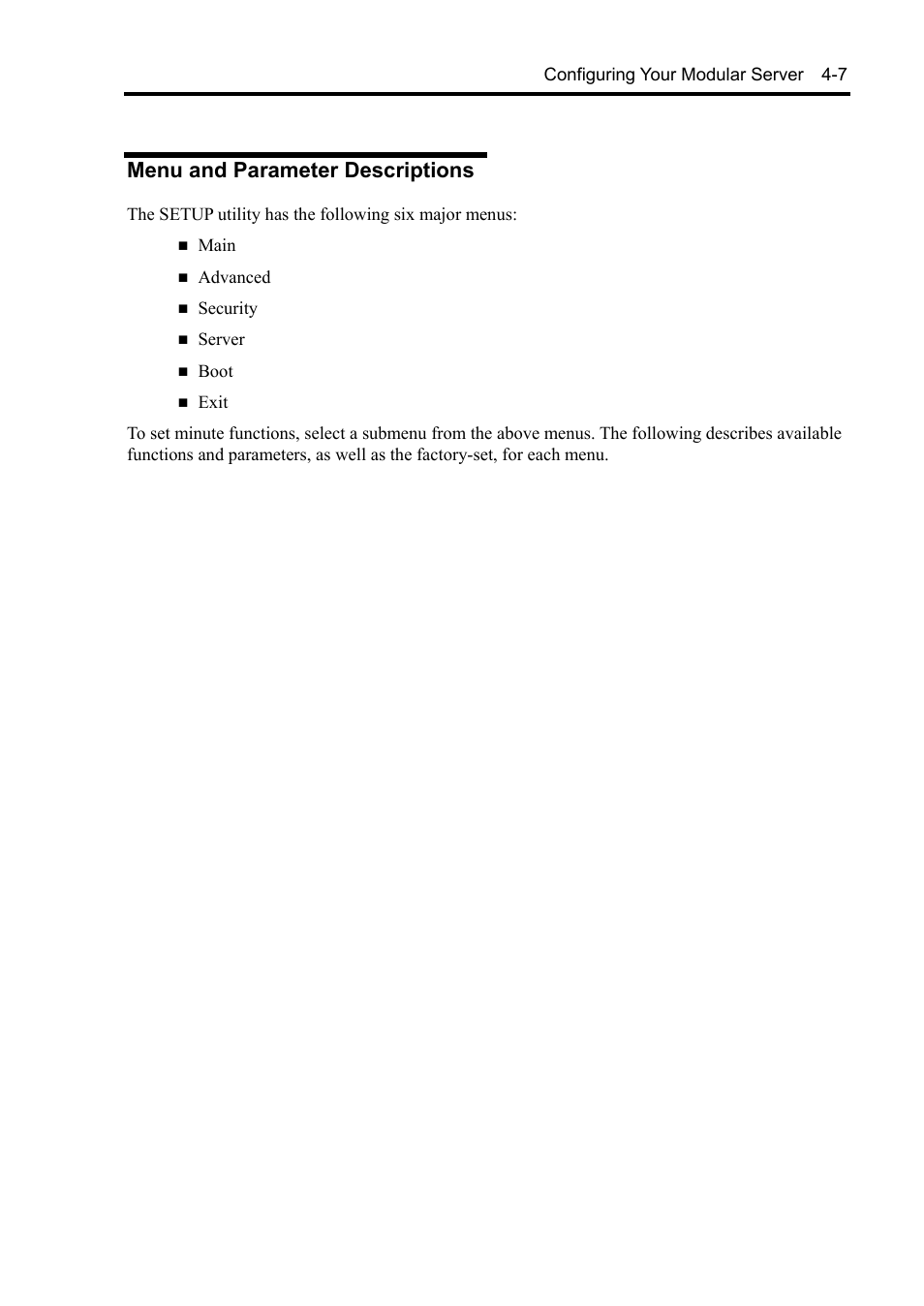 Menu and parameter descriptions | NEC EXPRESS5800/100 SERIES N8100-1635F User Manual | Page 59 / 152