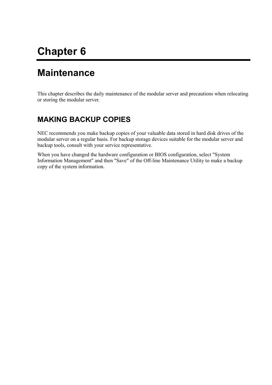 Maintenance, Making backup copies, Chapter 6 | NEC EXPRESS5800/100 SERIES N8100-1635F User Manual | Page 83 / 152