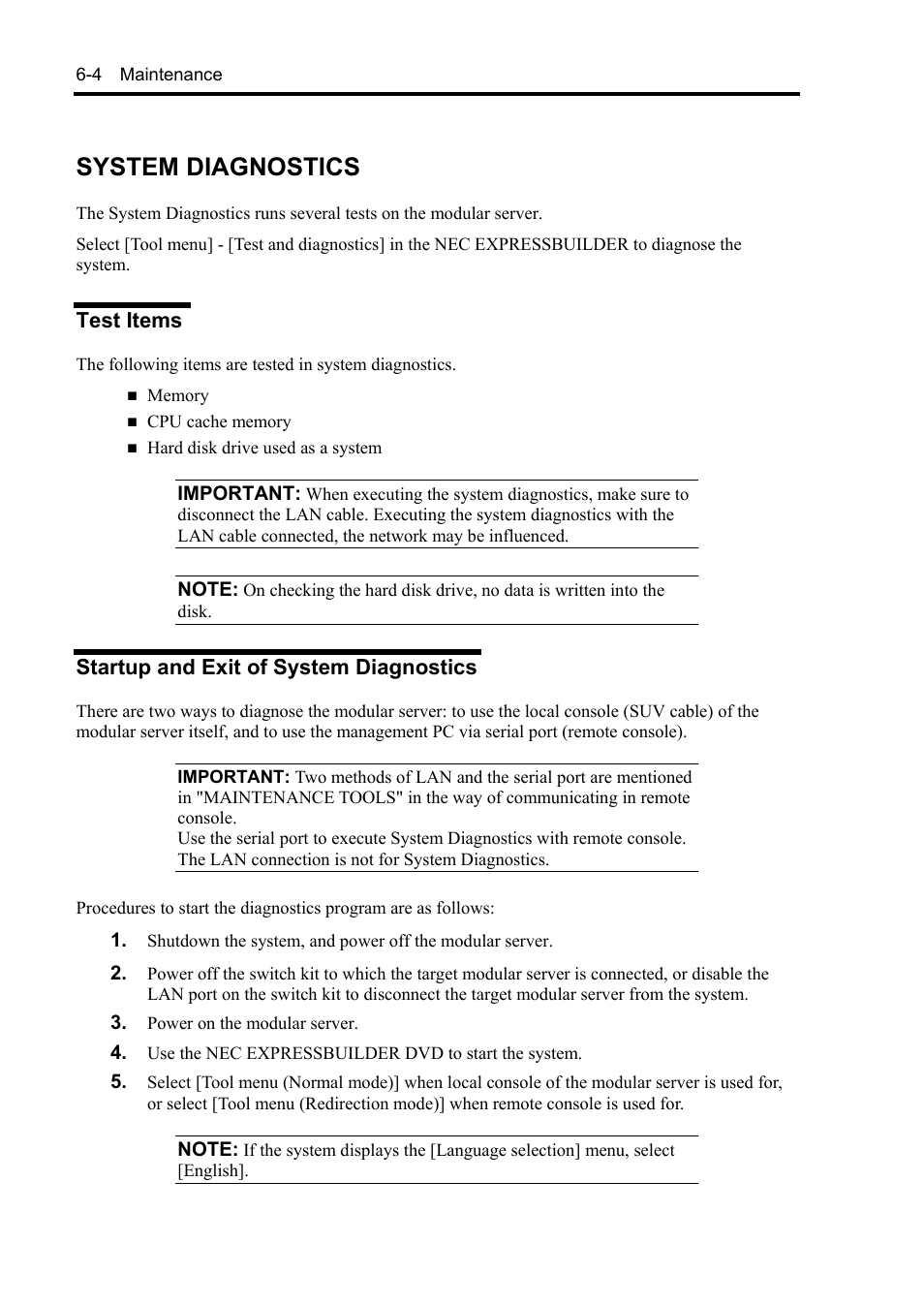 System diagnostics, Test items, Startup and exit of system diagnostics | NEC EXPRESS5800/100 SERIES N8100-1635F User Manual | Page 86 / 152