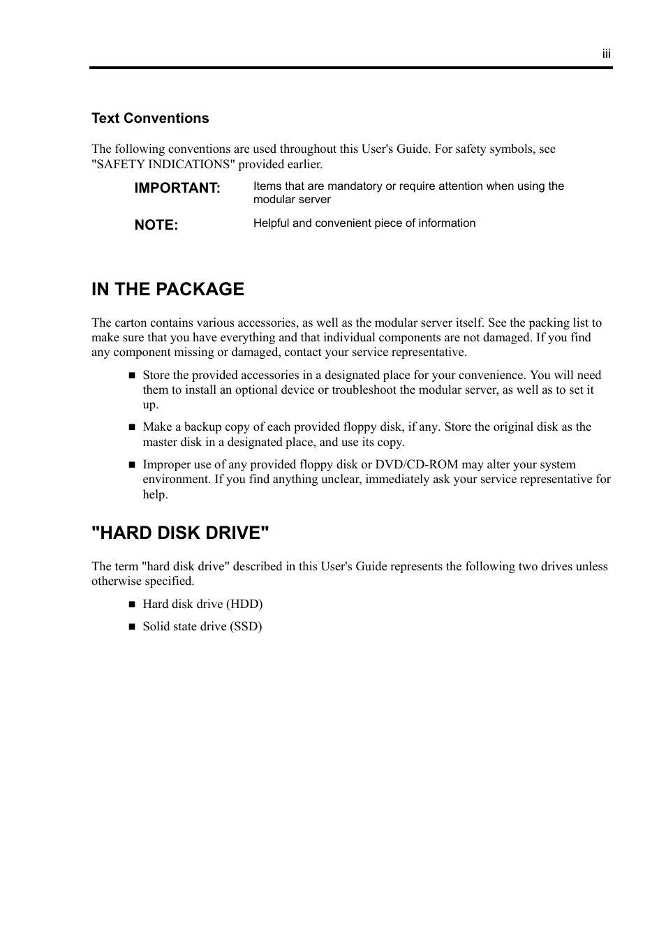 In the package, Hard disk drive | NEC EXPRESS5800/100 SERIES N8100-1635F User Manual | Page 9 / 152