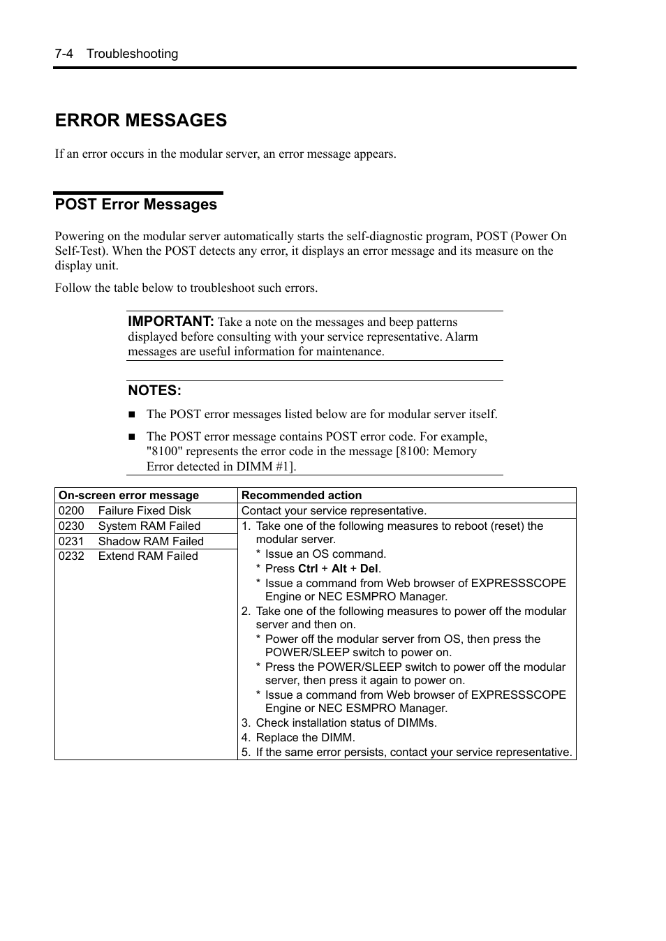 Error messages, Post error messages | NEC EXPRESS5800/100 SERIES N8100-1635F User Manual | Page 94 / 152