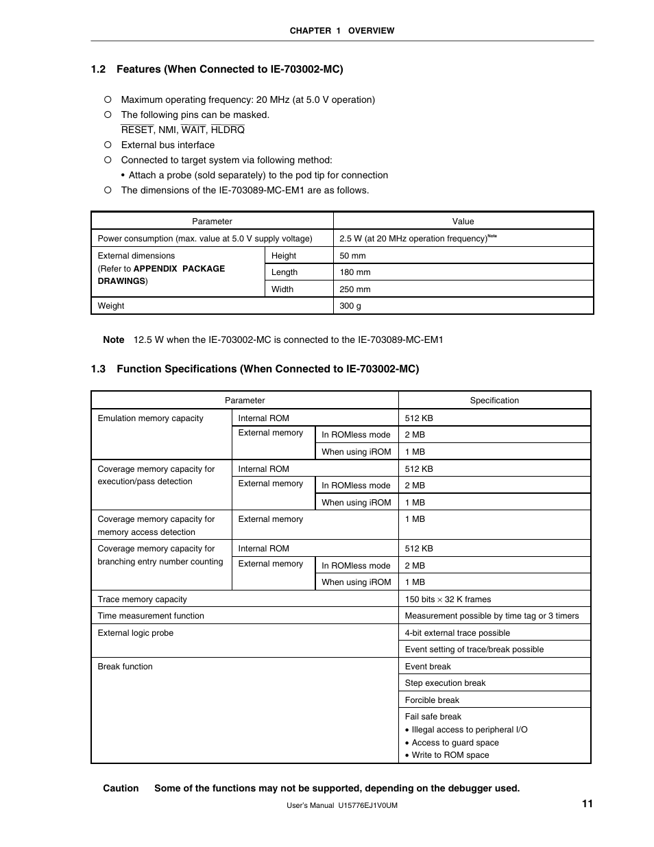 2 features (when connected to ie-703002-mc) | NEC V850/SC1 User Manual | Page 11 / 35