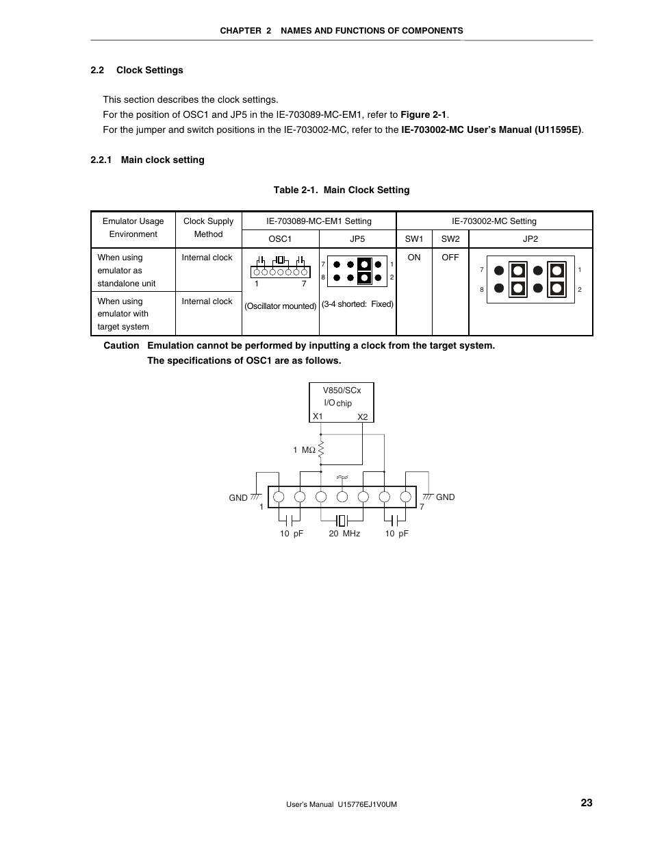 2 clock settings, 1 main clock setting | NEC V850/SC1 User Manual | Page 23 / 35