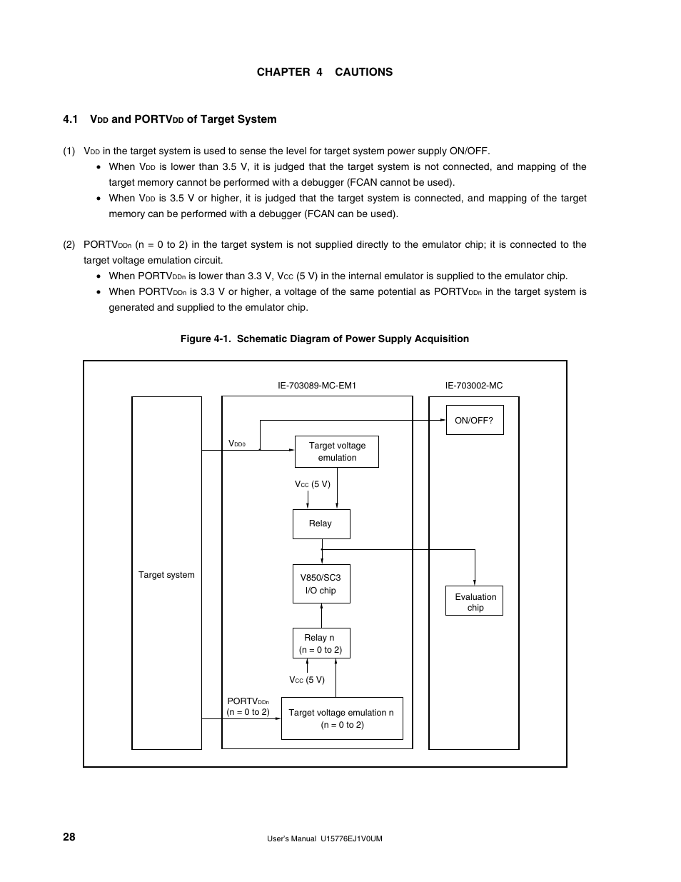 Chapter 4 cautions, 1 vdd and portvdd of target system | NEC V850/SC1 User Manual | Page 28 / 35