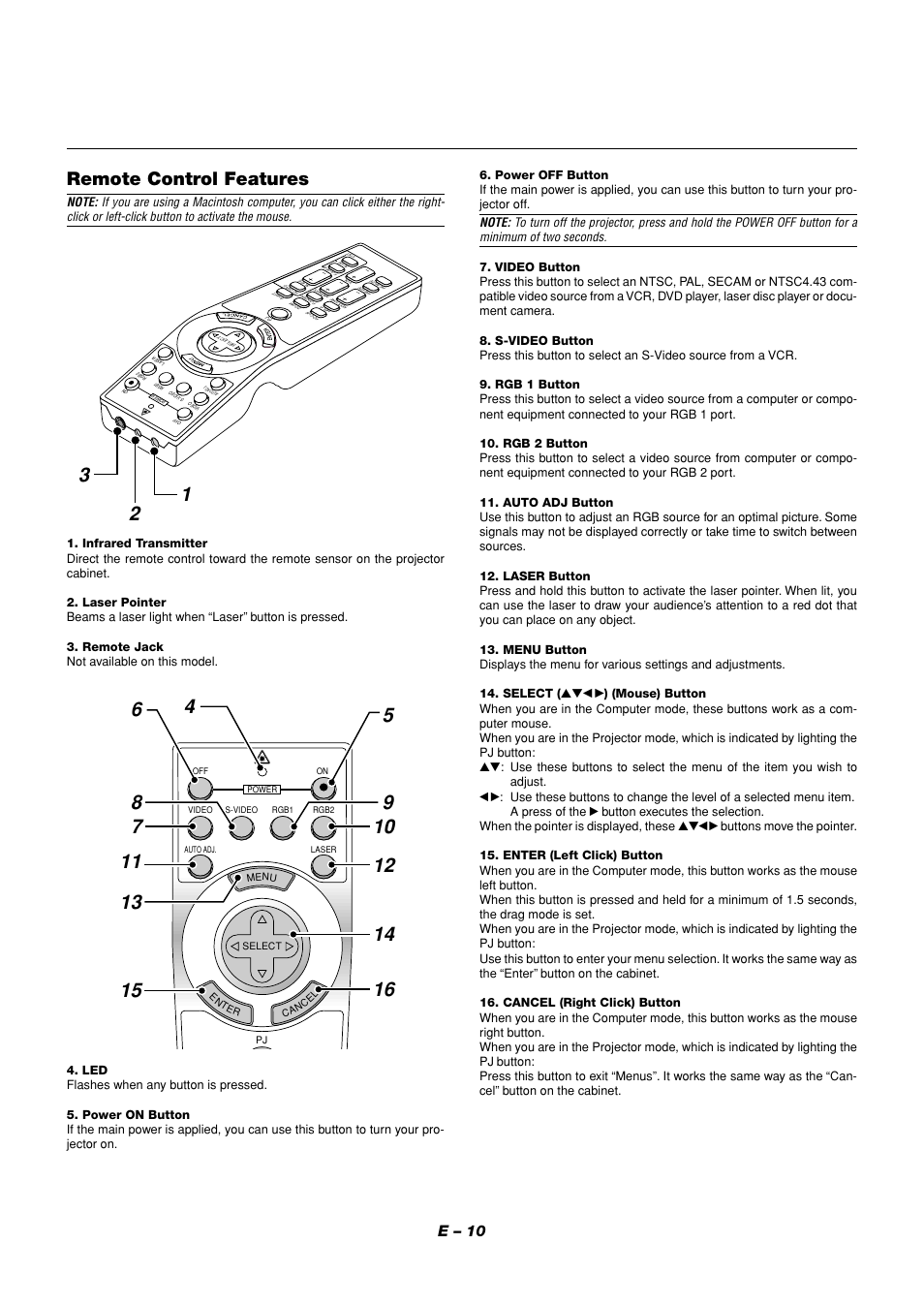 Remote control features, E – 10 | NEC MT1056 User Manual | Page 10 / 55