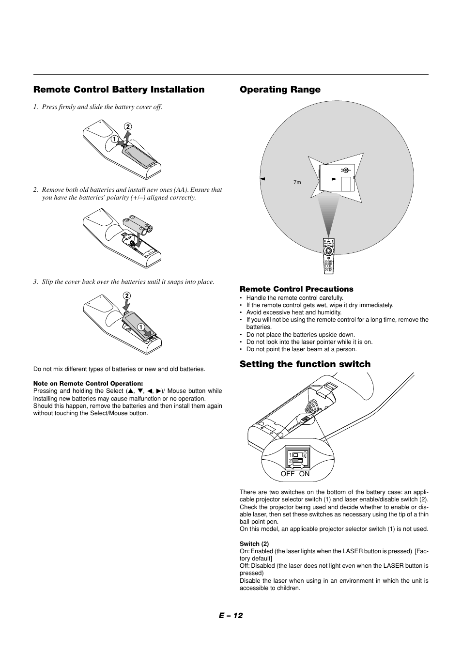 Operating range, Remote control battery installation, Setting the function switch | NEC MT1056 User Manual | Page 12 / 55