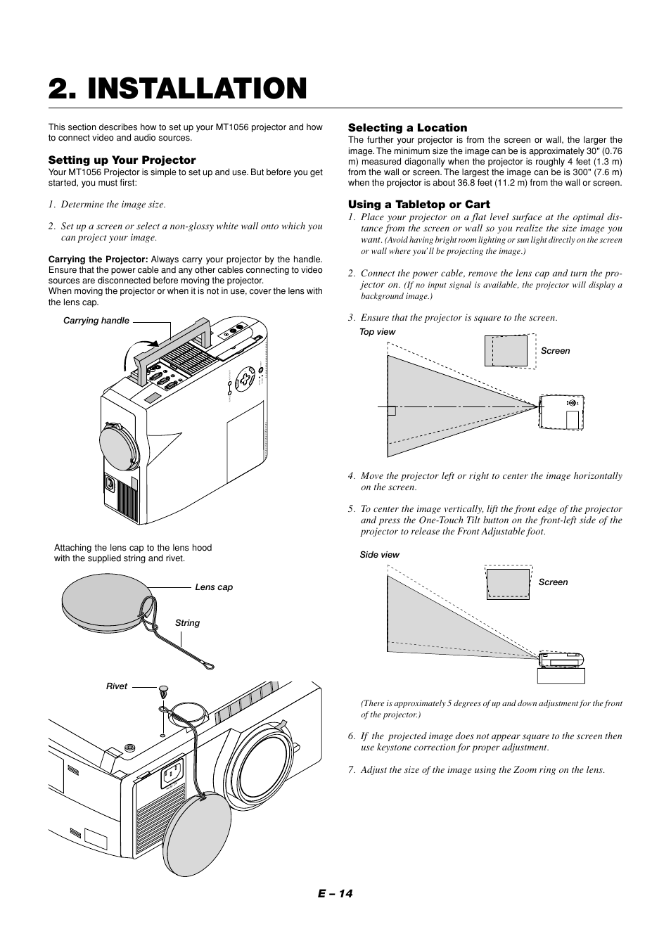 Installation, E – 14, Setting up your projector | Selecting a location, Using a tabletop or cart, En t e r, Ensure that the projector is square to the screen | NEC MT1056 User Manual | Page 14 / 55
