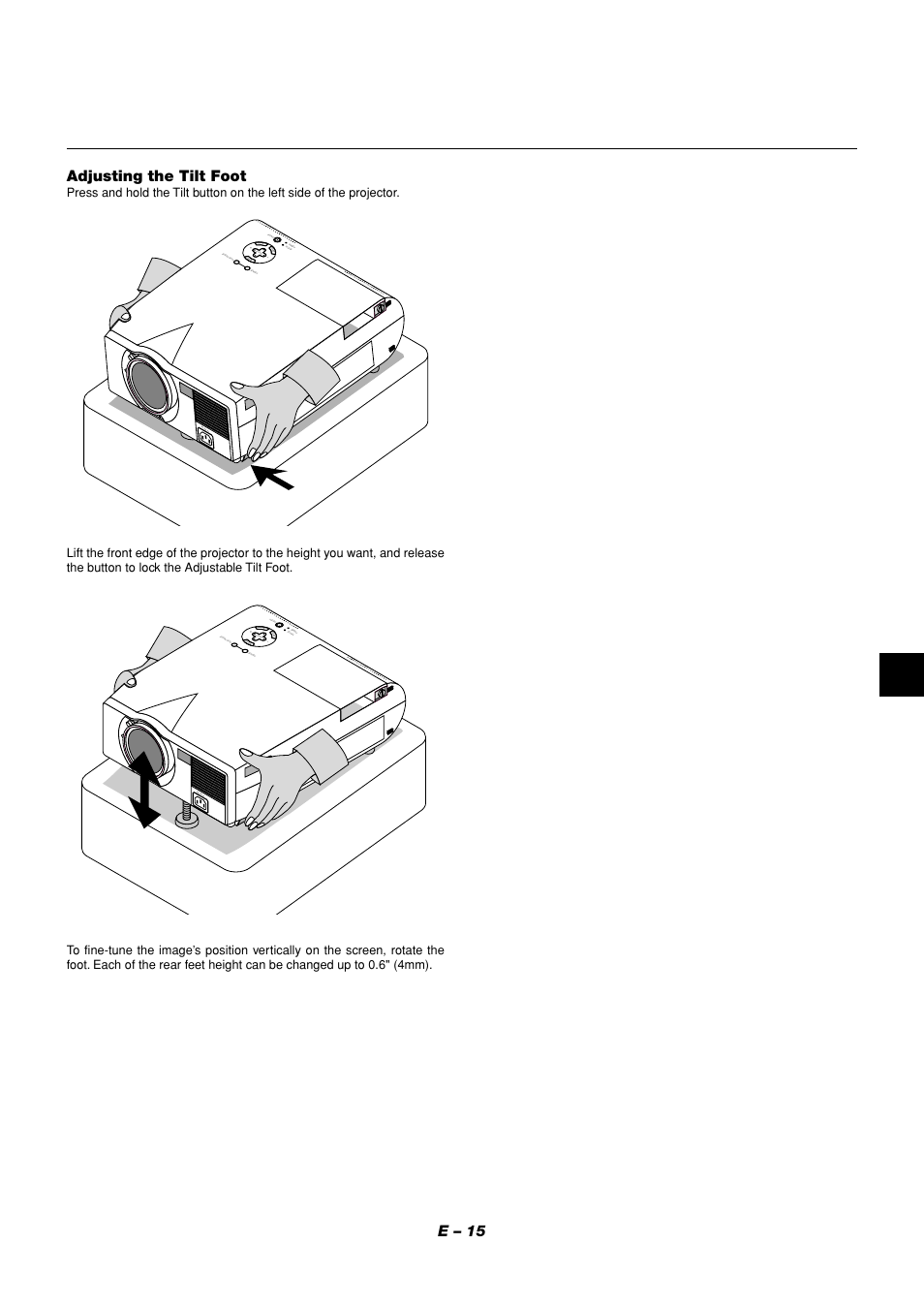 E – 15, Adjusting the tilt foot, Ca nc el | NEC MT1056 User Manual | Page 15 / 55