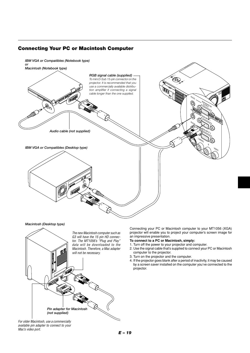 Connecting your pc or macintosh computer | NEC MT1056 User Manual | Page 19 / 55