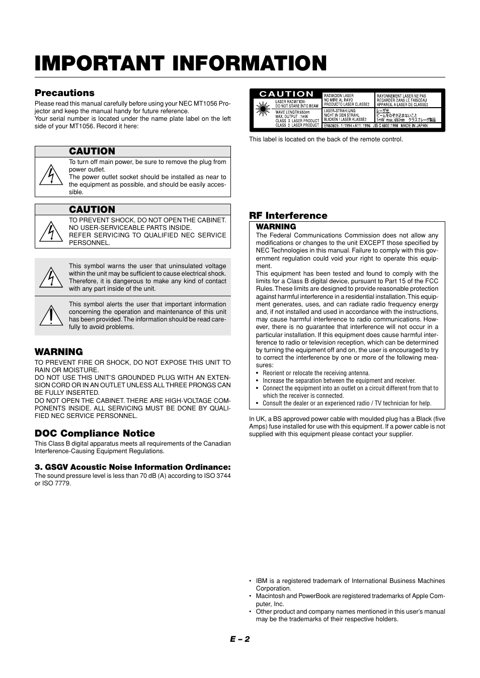 Important information, Precautions, Caution | Warning, Doc compliance notice, Rf interference | NEC MT1056 User Manual | Page 2 / 55