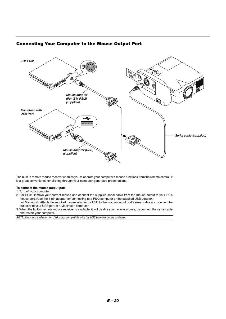 Connecting your computer to the mouse output port | NEC MT1056 User Manual | Page 20 / 55
